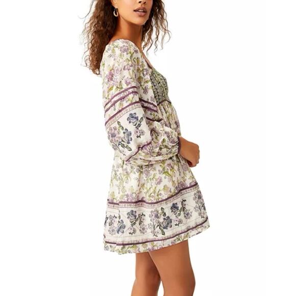 Free People Mini Dress Endless Afternoon Peasant Milkmaid Boho Floral Size Small - Picture 3 of 14